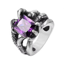 Men's and Women's Stainless Steel Vintage Punk Animals Openwork Design Dragon Claw Ring with Purple Gemstone Silver Size 8