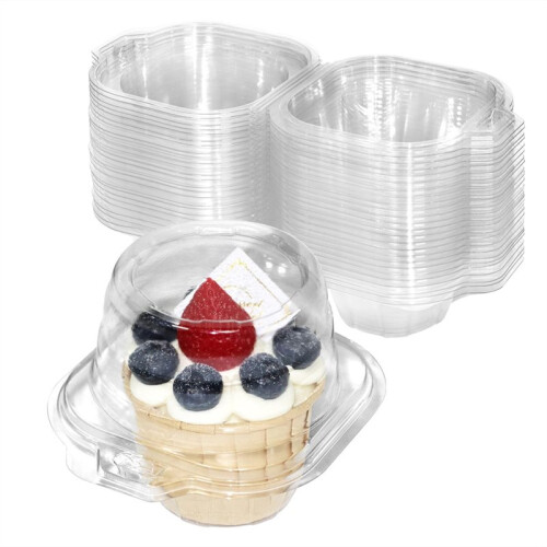 Cupcake Containers Disposable with Connected Airtight Dome Lid (100 Count) Clear Single Cupcake Container
