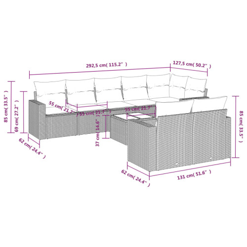 VidaXL vidaXL 9-tlg. Garten-Sofagarnitur mit Kissen Grau Poly Rattan 2