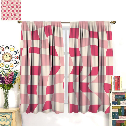 Rose Red Pink Checkered Boho Thermal Curtains 2 Panels 2