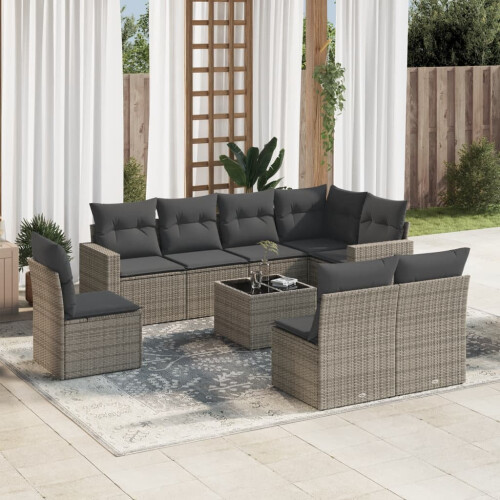 VidaXL vidaXL 9-tlg. Garten-Sofagarnitur mit Kissen Grau Poly Rattan 1