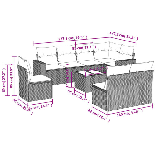 VidaXL vidaXL 9-tlg. Garten-Sofagarnitur mit Kissen Grau Poly Rattan 2