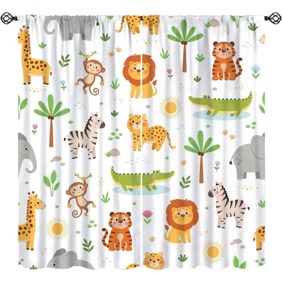 Cartoon Animal Curtains, Safari Jungle Wildlife Thermal Drapes, Rod Pocket, 2 Panels, 42"x54", for Kids Bedroom & Nursery