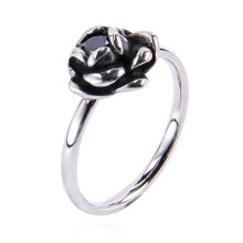 Women's Stainless Steel Vintage Personalized Rose Flower Gemstone Ring Silver with Black CZ Size 7