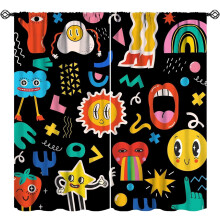 Retro 70s Groovy Curtains, Cartoon Funny Abstract Cute Rainbow Colorful Geometric Print Window Treatments for Kids Bedroom Living Room, 84" W X 84" L