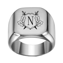 Stainless Steel Personalized Square Initial Alphabet A to Z Ring for Men Women Silver N Size 14