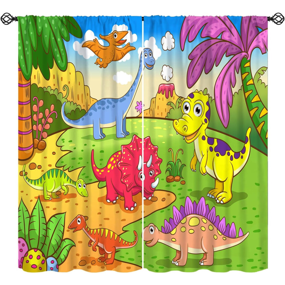 Cute Dinosaur Curtains, Colorful Cartoon Dino Pattern, Rod Pocket, Thermal Insulated, 2 Panels (63"x63"), for Kids Bedroom & Nursery