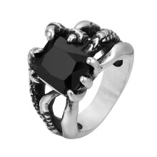 Men's and Women's Stainless Steel Vintage Punk Animals Openwork Design Dragon Claw Ring with Black Gemstone Silver Size 7