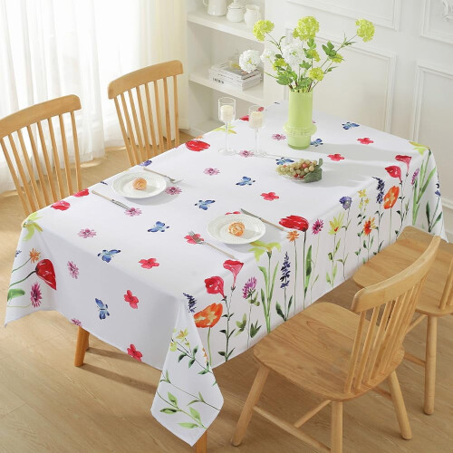 Toalha de mesa impermeável de poliéster com estampa floral de borboletas, 152 x 305 cm (60 x 120 polegadas), em tons de roxo e azul, resistente a 1