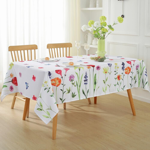 Toalha de mesa impermeável de poliéster com estampa floral de borboletas, 152 x 305 cm (60 x 120 polegadas), em tons de roxo e azul, resistente a 2