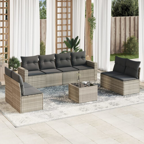 VidaXL vidaXL 9-tlg. Garten-Sofagarnitur mit Kissen Hellgrau Poly Rattan 1
