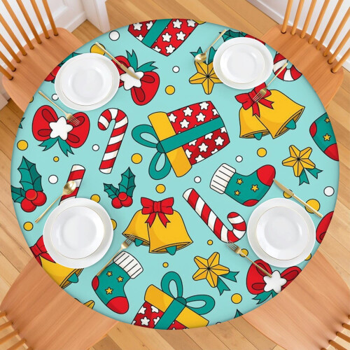 Toalha de mesa redonda Festive Stripes de 52 polegadas (132 cm), com borda elástica para um ajuste perfeito na decoração da mesa de Natal. 1