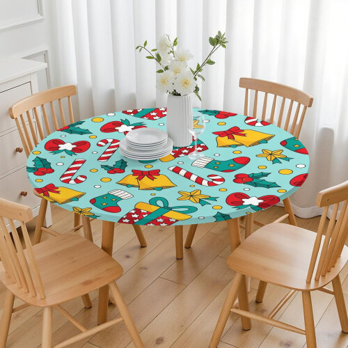 Toalha de mesa redonda Festive Stripes de 52 polegadas (132 cm), com borda elástica para um ajuste perfeito na decoração da mesa de Natal. 2