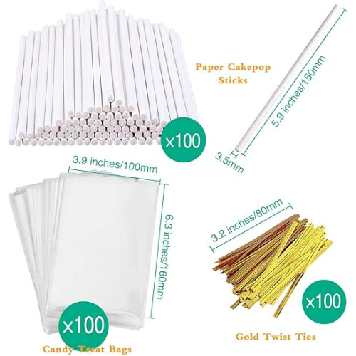 Kit da 300 pezzi per cake pop con bastoncini e involucri, sacchetti e fascette dorate. 1