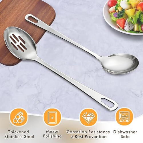 2-Piece Stainless Steel Cooking Spoon Set, Solid & Slotted, Heavy Duty 1