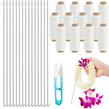 28Pcs Lei Needle-Kit, 15Pcs Long-Needle 12Pcs Twine 1Pc Sewing Scissors for DIY Marigold Garland Bead Stitch-