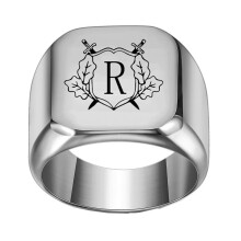 Stainless Steel Personalized Square Initial Alphabet A to Z Ring for Men Women Silver R Size 7
