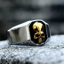 Vintage Hiphop Punk Skull Signet Ring Stainless Steel Men Band Delicate Jewelry 7-13 Size-Gold-12
