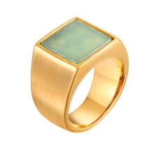 Men's and Women's Stainless Steel Creative Personalized Quadripartite Stamp Imitation of Green Jade Gemstone Ring Gold Size 7
