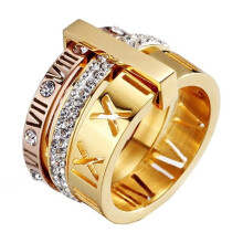 Women's Stainless Steel with Zirconia Roman Numerals 3 in 1 Ring Rose + Gold Size 8.75