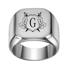 Stainless Steel Personalized Square Initial Alphabet A to Z Ring for Men Women Silver G Size 5