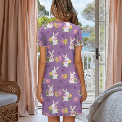 Camicia da notte da donna morbida a maniche corte, lunghezza al ginocchio, con bottoni. 2