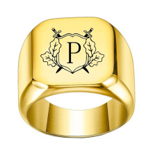Stainless Steel Personalized Square Initial Alphabet A to Z Ring for Men Women Gold P Size 12