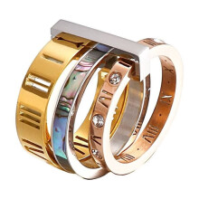 Damenring aus Edelstahl mit römischen Ziffern, 3-in-1-Design, Regenbogen-Muscheleinlage, drehbar, Trinity-Ehering, Roségold + Größe 8,75