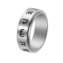 Men's and Women's Stainless Steel Chinese Style Tibetan Lucky Amulet 6 Word Mantra Rotatable Finger Ring Silver Size 11