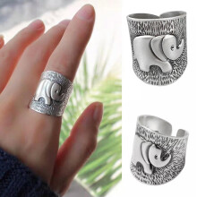 Anel aberto feminino com elefante prateado, estilo boho, faixa larga (1 peça)
