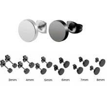 6 Pairs Black Flat Round Stud Earrings Stainless Steel Punk Men Ear Piercing -Silver