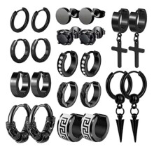 11 Pairs Men Earrings Set Black Stainless Steel Cross Dangle Ear Stud Piercing -default