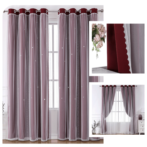 Dark Red Double-Layer Blackout Curtains (5284"), Star & Moon Pattern, Energy-Saving, 2 pcs 1