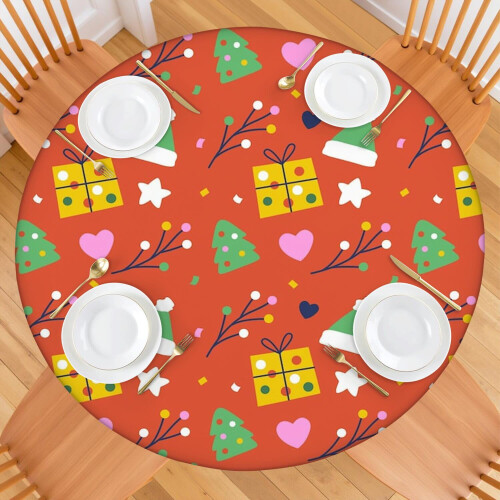 Toalha de mesa redonda de Natal de 52 polegadas com borda elástica, tema natalino para jantares e festas. 1