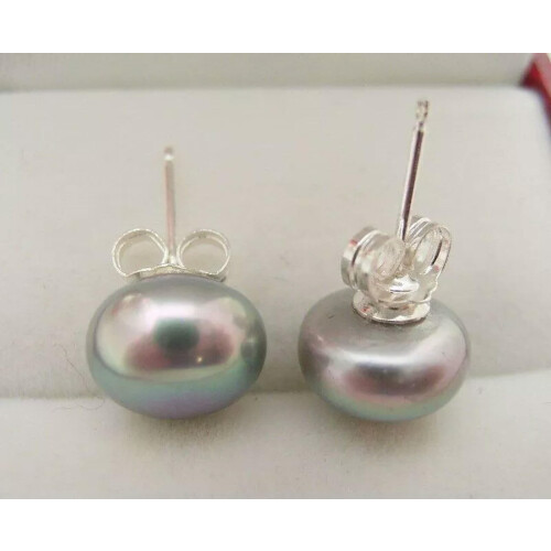 AAA 9mm Grey Pearl Earrings 925 Sterling Silver Stud 2