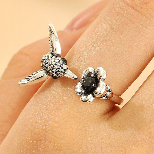 Hummingbird Floral Ring Unisex Adjustable Vintage Silver 1