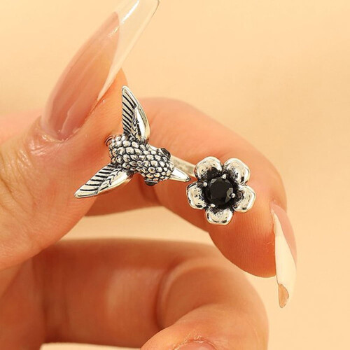 Hummingbird Floral Ring Unisex Adjustable Vintage Silver 2