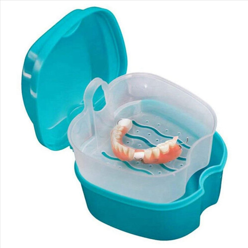 3X Blue Denture Case,Denture Cup with Strainer,Denture Bath Box False 2