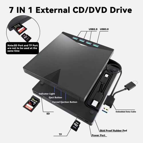 Εξωτερική μονάδα οπτικού δίσκου CD/DVD Sihohan USB3.0 με ενσωματωμένο καλώδιο Type-C 1