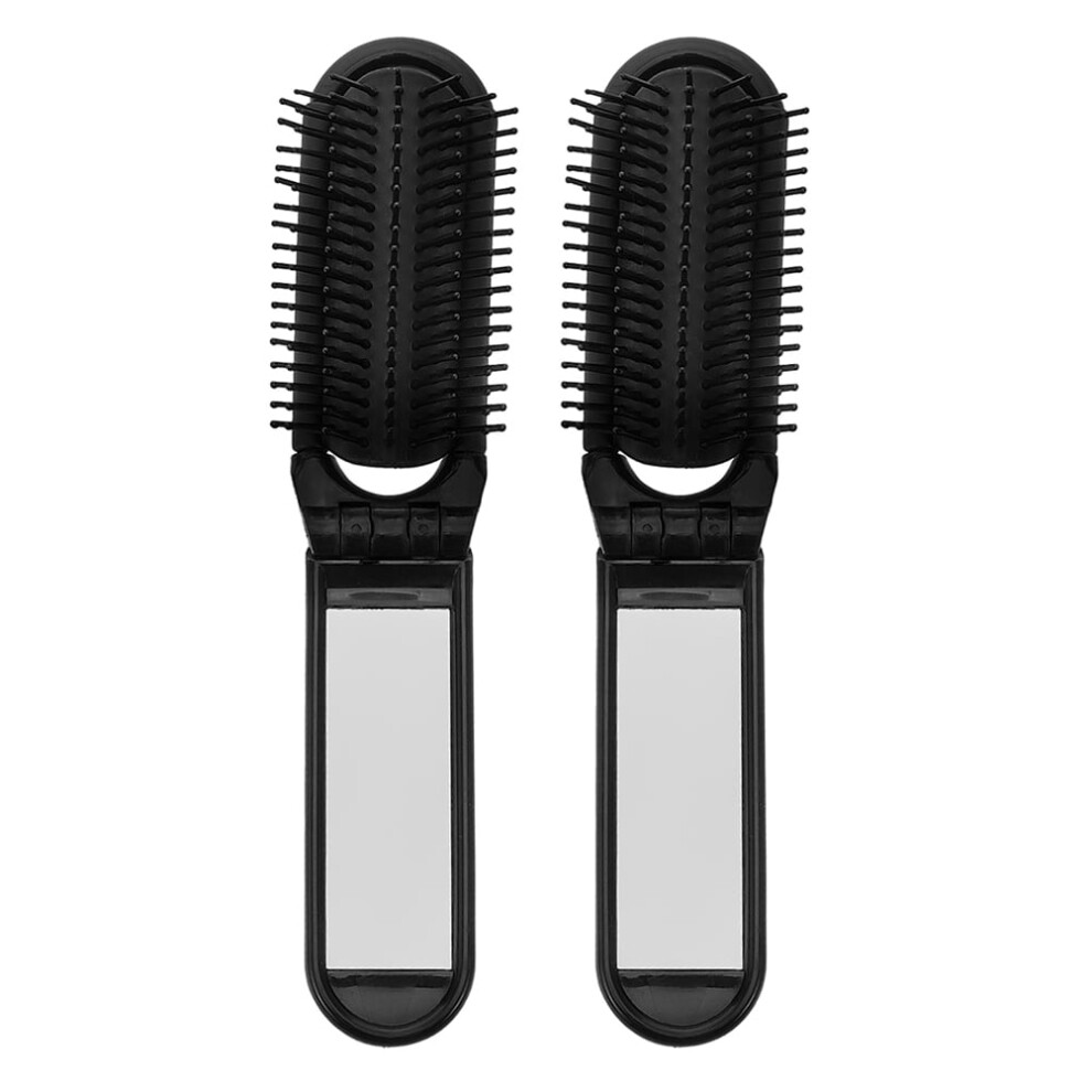 Unisex Black Compact Foldable Hair Brush With Mirror Antistatic Bristles For Home