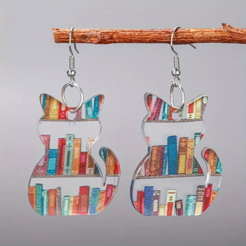 Acrylic Bookshelf Print Drop Earrings Cat Design 1 Pair 2