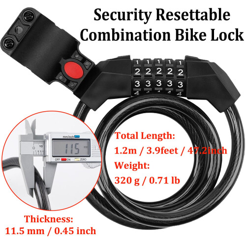 Cadeado de cabo para bicicleta com combinação reconfigurável de 5 dígitos, resistente e antifurto. 1
