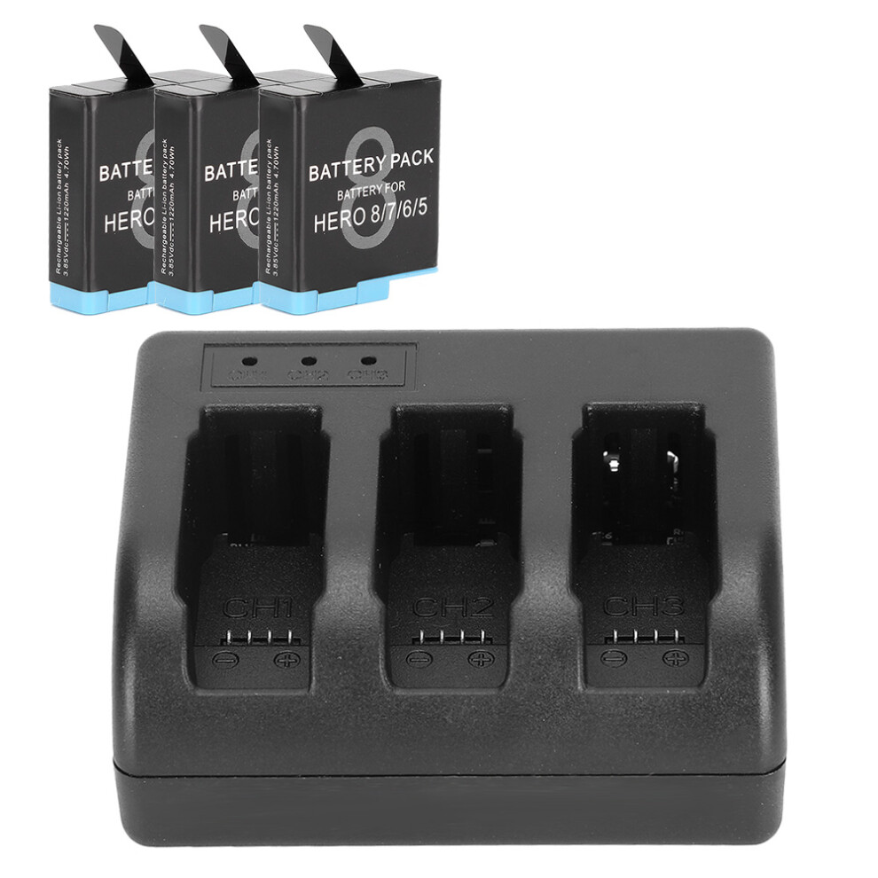 Rechargeable Battery With 3-Channel Charger For Gopro Hero 8/7/6/5, 1220Mah Black 9461392310572