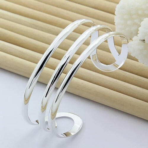 925 Sterling Silver Classic Adjustable Three Line Cuff Bangle Bracelet for Women-default 2