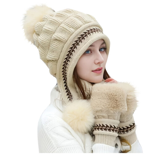Conjunto de gorro e luvas de tricô feminino com pompom. 1