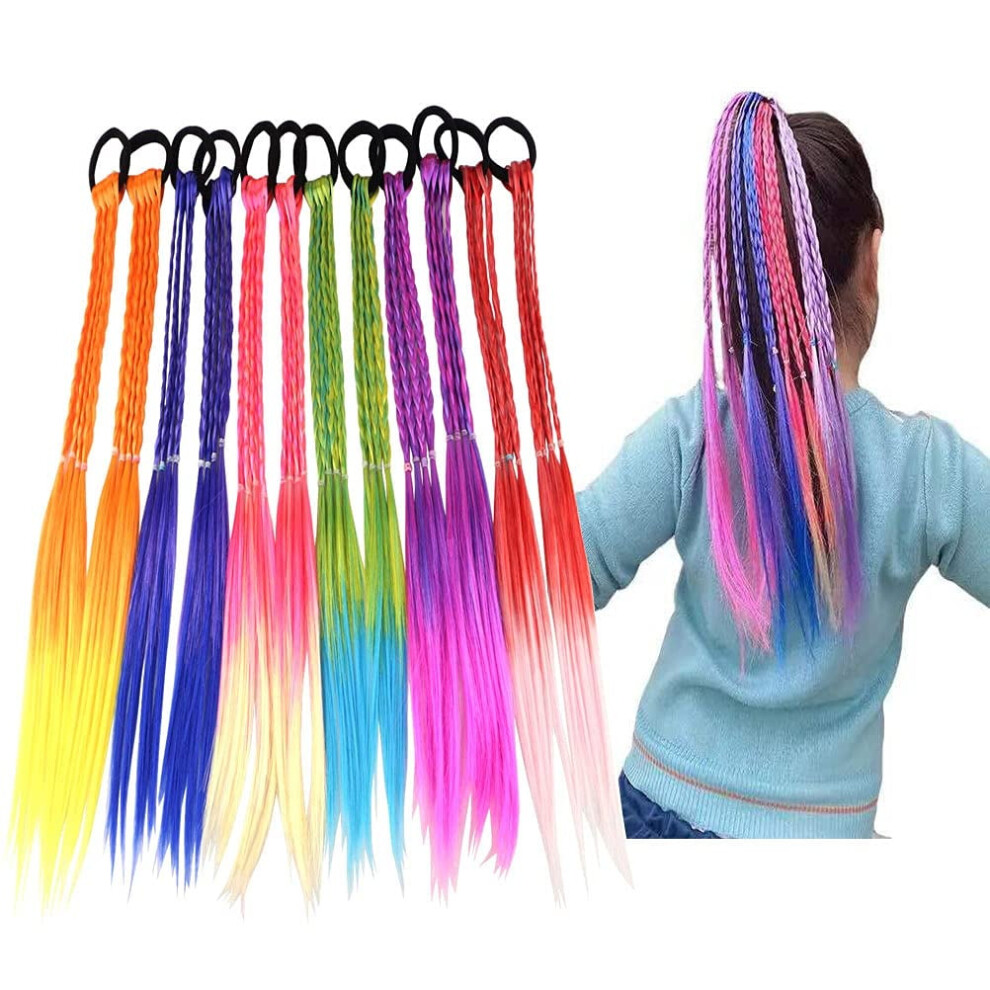 Unisex Rainbow Colored Braids Hair Extensions With Rubber Bands Â 12Pcs Synthetic Ponytail Accessories For Women & Kids, Party/Cosplay (Compatible With A