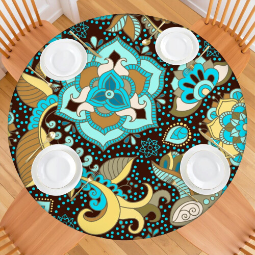 Elastic Fitted Round Tablecloth for 45–52 Inch Table, Waterproof Oxford Material, Paisley Pattern, Wipeable Surface 1