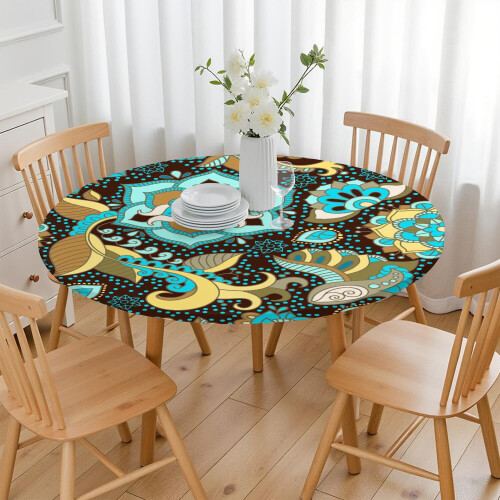 Elastic Fitted Round Tablecloth for 45–52 Inch Table, Waterproof Oxford Material, Paisley Pattern, Wipeable Surface 2