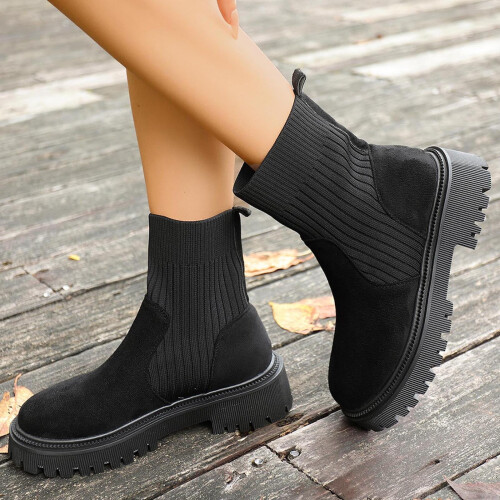 Botas femininas casuais de cano curto com salto grosso, bico quadrado e cor sólida, tamanho 6,5 (EUA) / 9,45 polegadas, em material flocado. 1