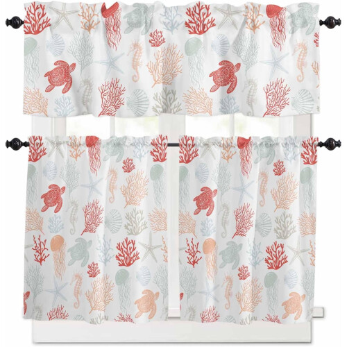 Red Orange Coastal Kitchen Curtains with Valances 24 inch 1